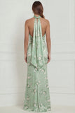 Sage Green Floral Mermaid Halter Printed Long Bridesmaid Dress with Streamer