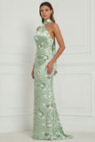 Sage Green Floral Mermaid Halter Printed Long Bridesmaid Dress with Streamer