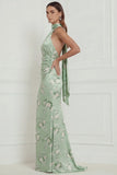 Sage Green Floral Mermaid Halter Printed Long Bridesmaid Dress with Streamer