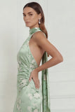 Sage Green Floral Mermaid Halter Printed Long Bridesmaid Dress with Streamer