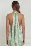 Sage Green Floral Mermaid Halter Printed Long Bridesmaid Dress with Streamer