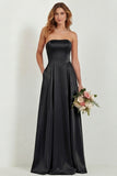 Blush Strapless A Line Satin Long Bridesmaid Dress with Pockets