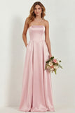 Blush Strapless A Line Satin Long Bridesmaid Dress with Pockets