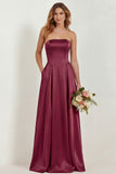 Blush Strapless A Line Satin Long Bridesmaid Dress with Pockets