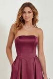 Blush Strapless A Line Satin Long Bridesmaid Dress with Pockets