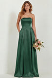 Blush Strapless A Line Satin Long Bridesmaid Dress with Pockets