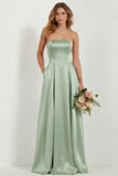 Blush Strapless A Line Satin Long Bridesmaid Dress with Pockets