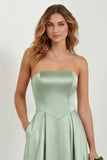 Blush Strapless A Line Satin Long Bridesmaid Dress with Pockets