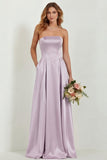 Blush Strapless A Line Satin Long Bridesmaid Dress with Pockets