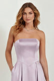 Blush Strapless A Line Satin Long Bridesmaid Dress with Pockets