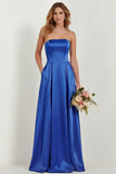 Blush Strapless A Line Satin Long Bridesmaid Dress with Pockets