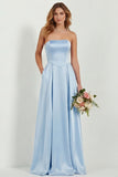 Blush Strapless A Line Satin Long Bridesmaid Dress with Pockets