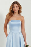 Blush Strapless A Line Satin Long Bridesmaid Dress with Pockets