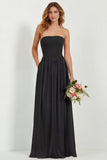 Strapless Eucalyptus Chiffon A Line Long Bridesmaid Dress with Pockets