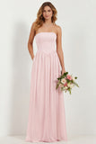 Strapless Eucalyptus Chiffon A Line Long Bridesmaid Dress with Pockets