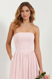 Strapless Eucalyptus Chiffon A Line Long Bridesmaid Dress with Pockets