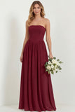 Strapless Eucalyptus Chiffon A Line Long Bridesmaid Dress with Pockets