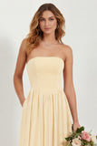 Strapless Eucalyptus Chiffon A Line Long Bridesmaid Dress with Pockets