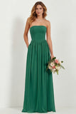 Strapless Eucalyptus Chiffon A Line Long Bridesmaid Dress with Pockets