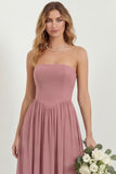 Strapless Eucalyptus Chiffon A Line Long Bridesmaid Dress with Pockets