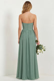 Strapless Eucalyptus Chiffon A Line Long Bridesmaid Dress with Pockets