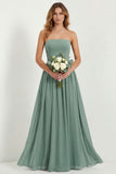Strapless Eucalyptus Chiffon A Line Long Bridesmaid Dress with Pockets