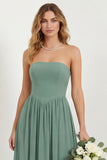 Strapless Eucalyptus Chiffon A Line Long Bridesmaid Dress with Pockets