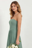 Strapless Eucalyptus Chiffon A Line Long Bridesmaid Dress with Pockets