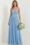 Strapless Eucalyptus Chiffon A Line Long Bridesmaid Dress with Pockets