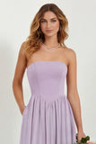 Strapless Eucalyptus Chiffon A Line Long Bridesmaid Dress with Pockets