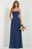 Strapless Eucalyptus Chiffon A Line Long Bridesmaid Dress with Pockets