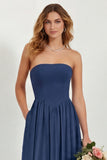 Strapless Eucalyptus Chiffon A Line Long Bridesmaid Dress with Pockets