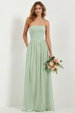 Strapless Eucalyptus Chiffon A Line Long Bridesmaid Dress with Pockets