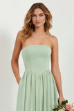 Strapless Eucalyptus Chiffon A Line Long Bridesmaid Dress with Pockets