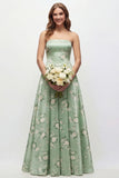 Green Flower A Line Strapless Long Bridesmaid Dress