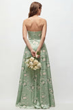 Green Flower A Line Strapless Long Bridesmaid Dress