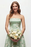 Green Flower A Line Strapless Long Bridesmaid Dress