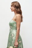 Green Flower A Line Strapless Long Bridesmaid Dress