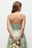 Green Flower A Line Strapless Long Bridesmaid Dress