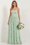 Green Flower A Line Strapless Long Bridesmaid Dress