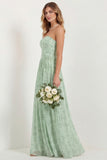 Green Flower A Line Strapless Long Bridesmaid Dress