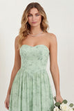 Green Flower A Line Strapless Long Bridesmaid Dress