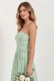 Green Flower A Line Strapless Long Bridesmaid Dress
