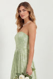 Green Flower A Line Strapless Long Bridesmaid Dress