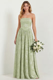 Green Flower A Line Strapless Long Bridesmaid Dress