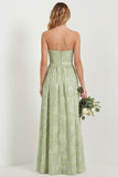 Green Flower A Line Strapless Long Bridesmaid Dress