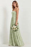 Green Flower A Line Strapless Long Bridesmaid Dress