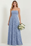 Green Flower A Line Strapless Long Bridesmaid Dress