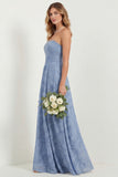 Green Flower A Line Strapless Long Bridesmaid Dress