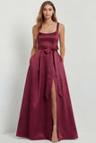 Light Blue A Line Square Neck Bow Satin Long Bridesmaid Dress with Slit